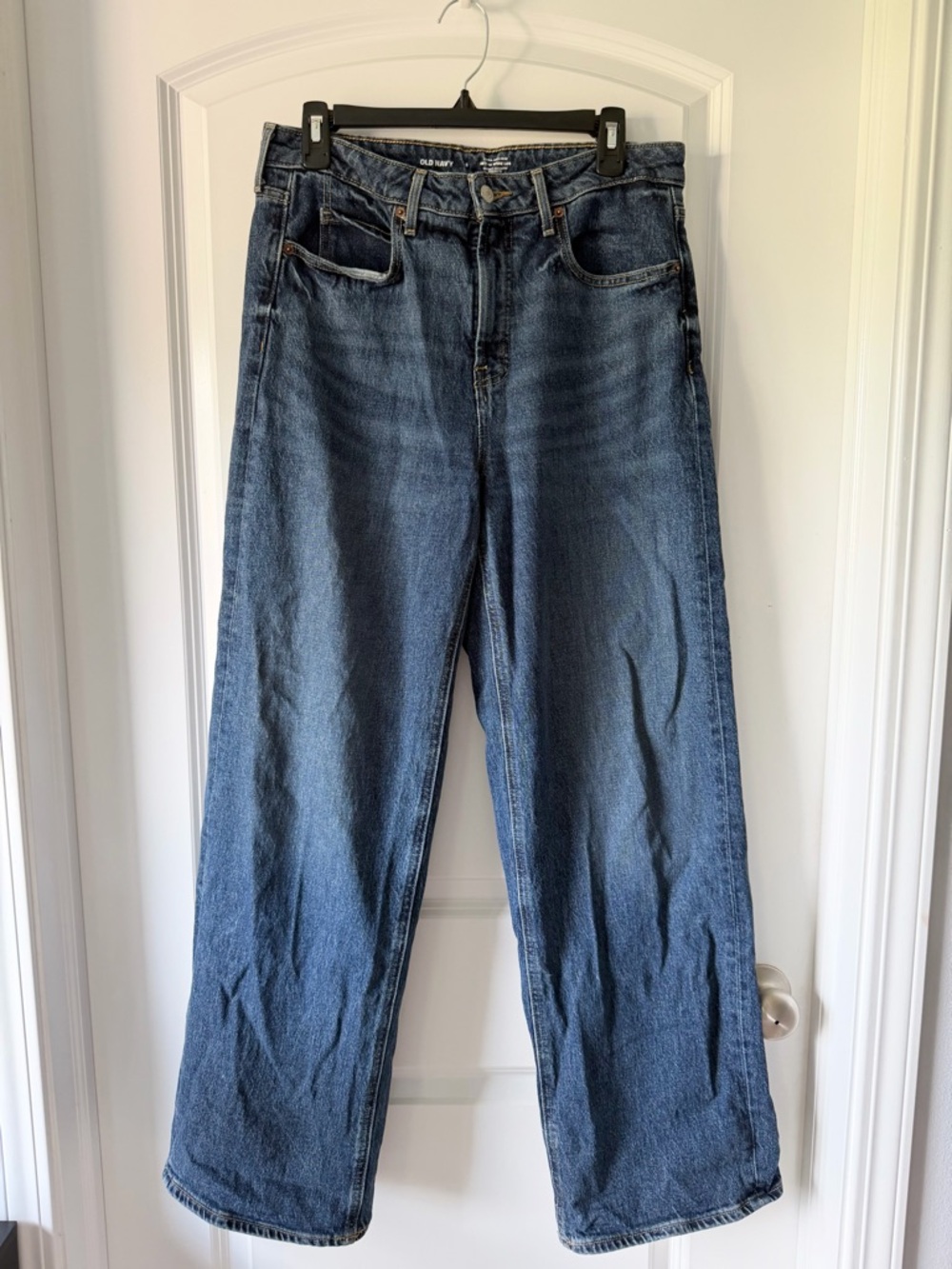 Trendy Fall 90s Old Navy Women's High-Waist Wide-Leg Jeans in Dark Blue Denim